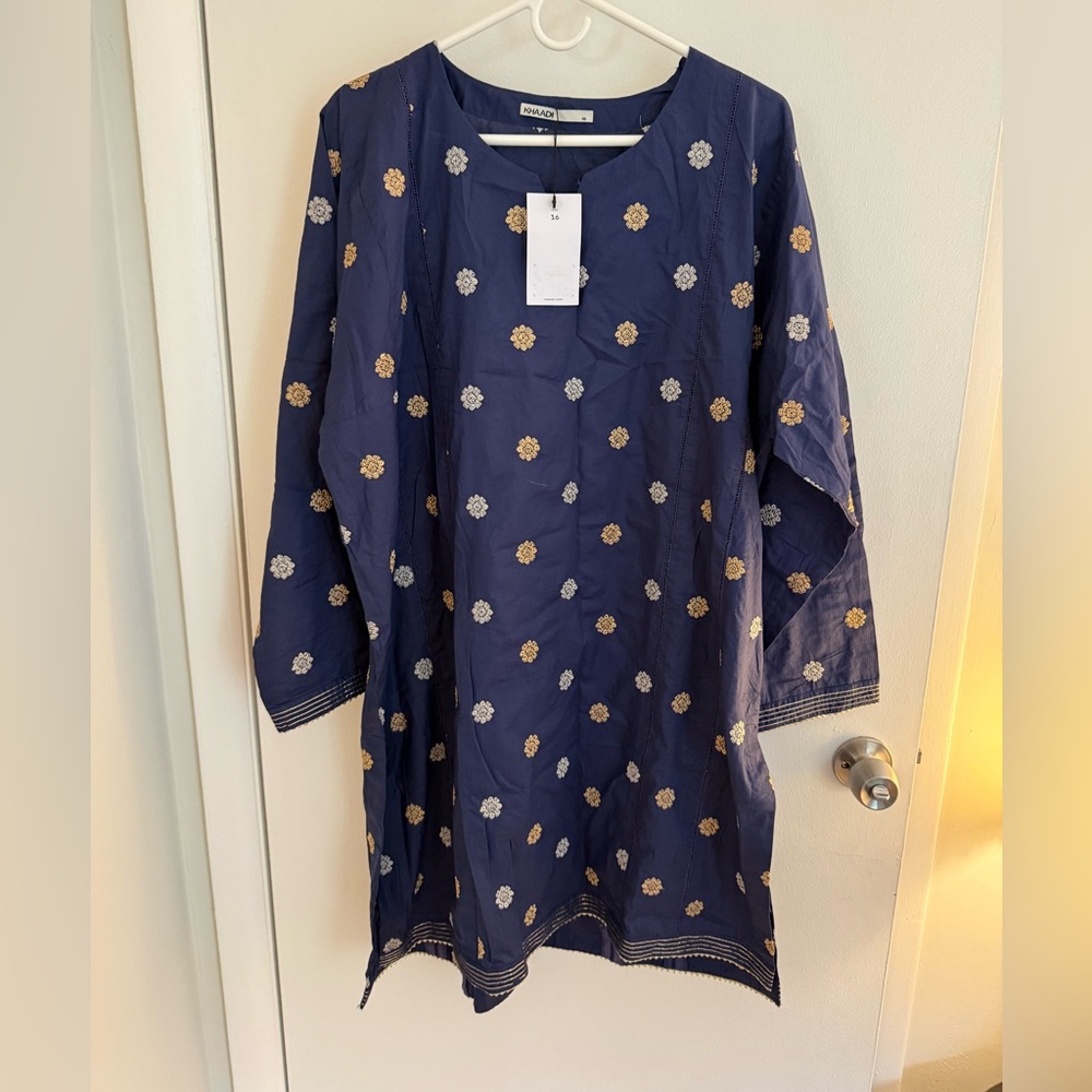 Navy Blue khaadi kurta Embroidered Women's Top with pants.